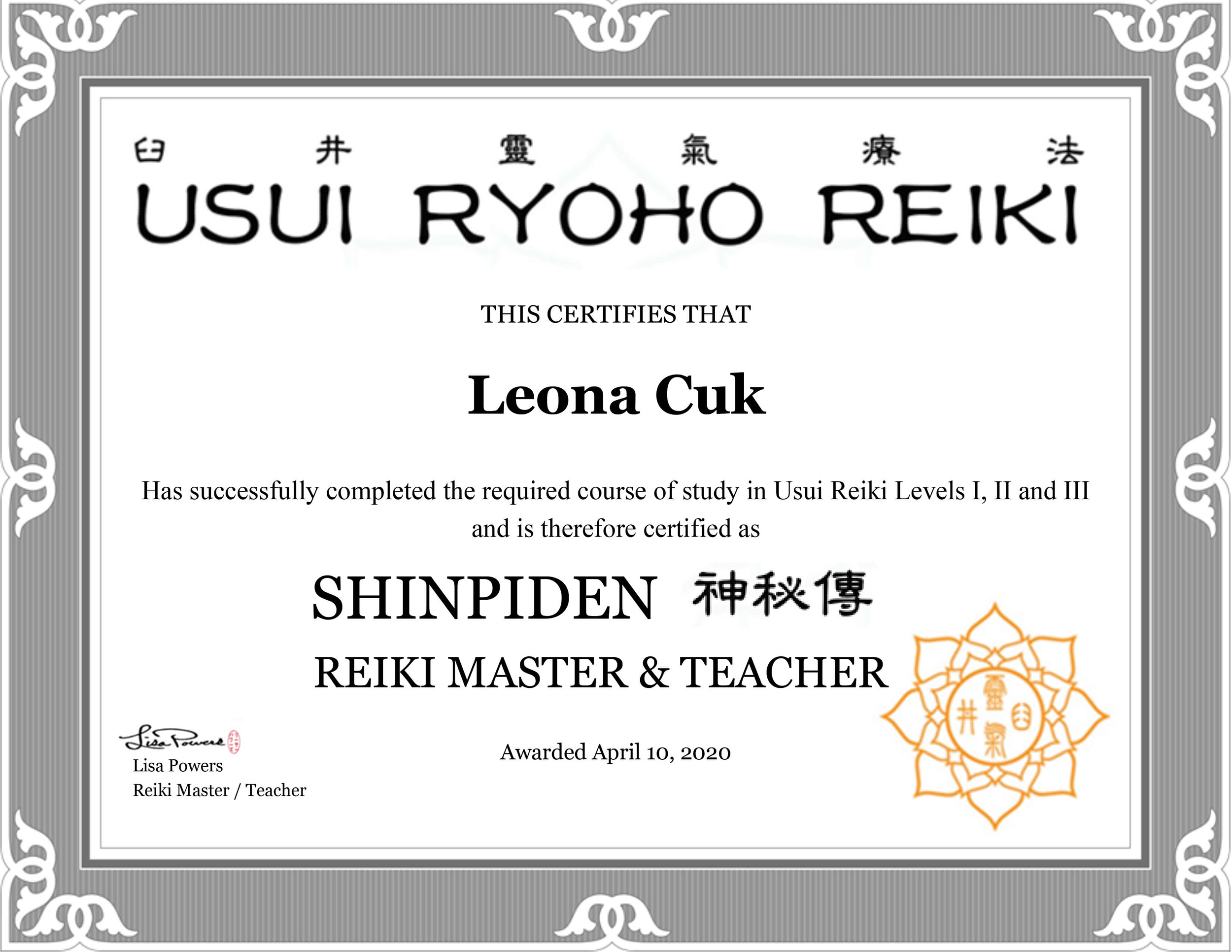 Master Certificate LP 2 reiki, travel, art, dance