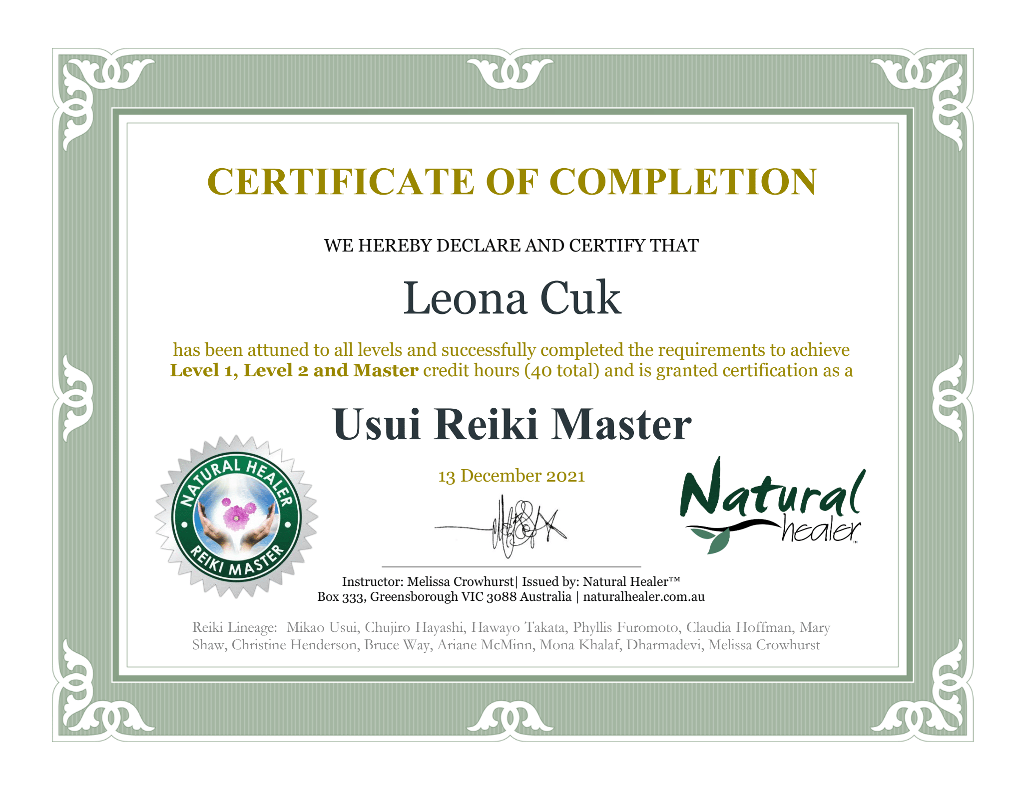 Master Certificate MC 1 reiki, travel, art, dance