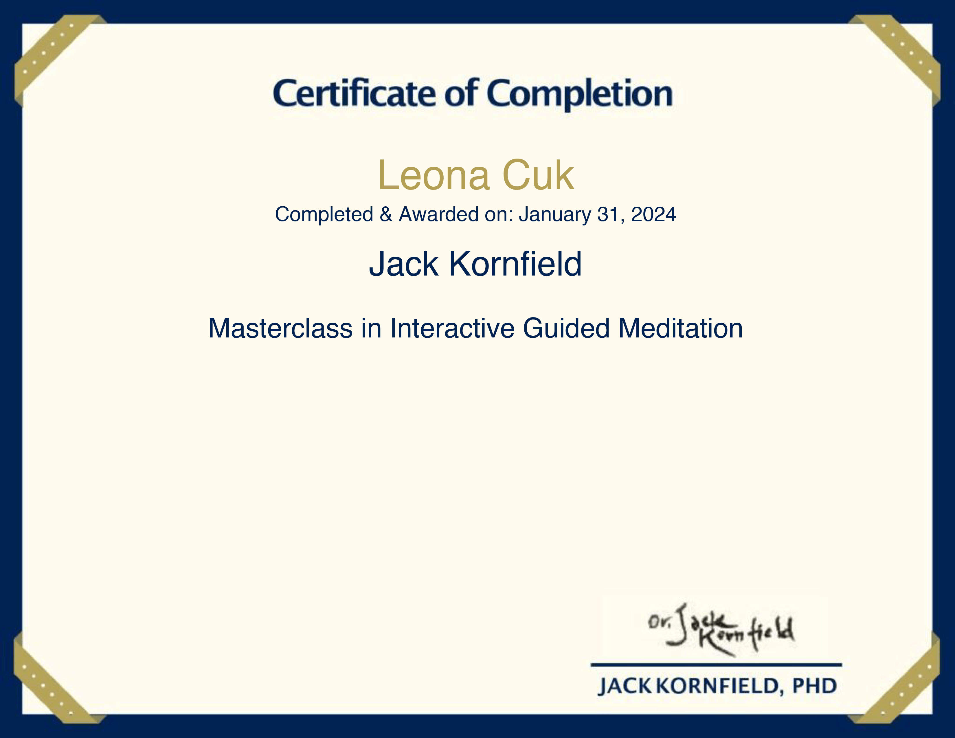 Leona Masterclass in Interactive Guided Meditation Jack Kornfield Course Completion Certificate Jack Kornfield reiki, travel, art, dance